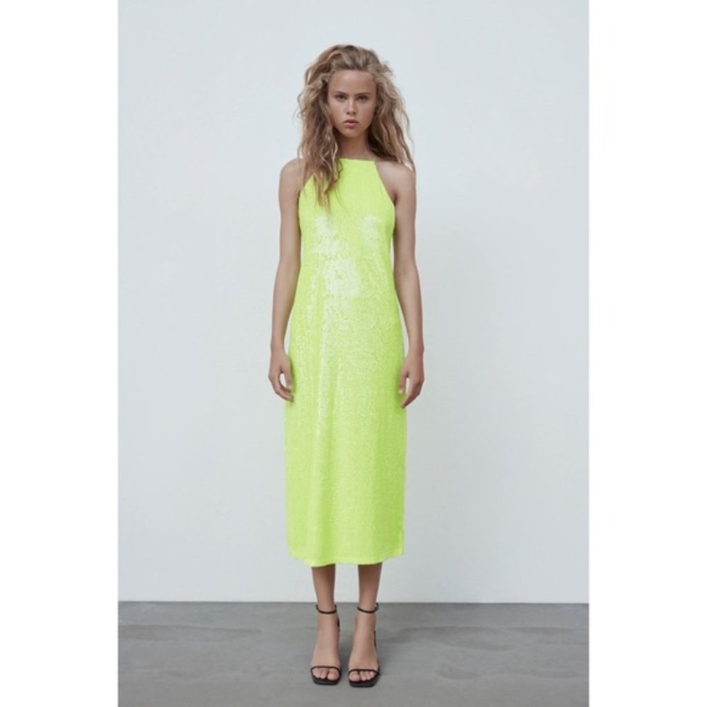 ZARA Fluorescent Lime Sequin Midi Dress